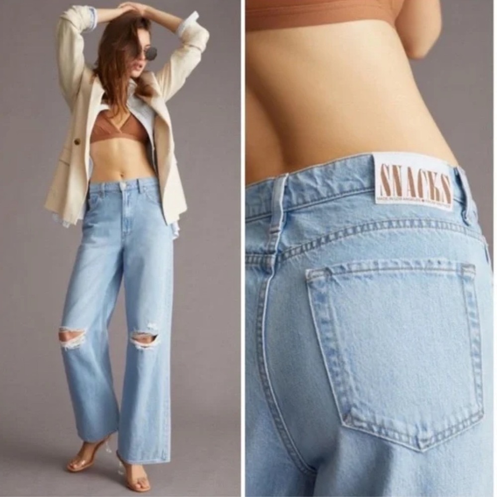 MOTHER Snacks Fun Dip Puddle Sliced Jeans Lots of Nibbles Distressed Wide Leg 28